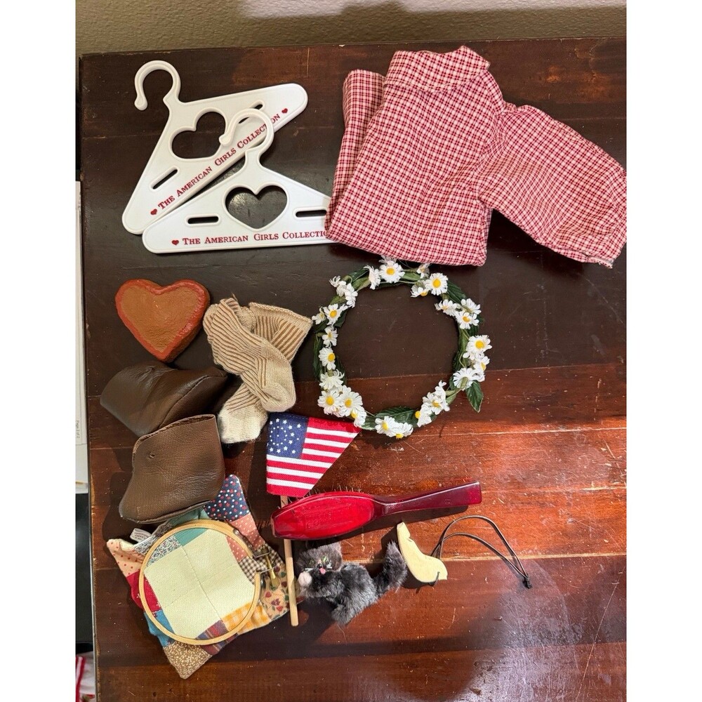 American Girl Doll Kristin Dress & Accessories - 2 Hangers, Cat, Flag & More